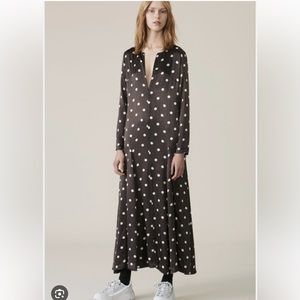 Ganni Maxi Long Sleeve Silky Satin Polka Dot Brown Dress Size M 38